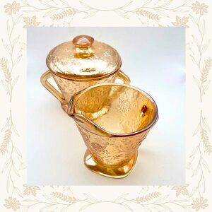 Vintage Jeanette Glass Floragold “Louisa” Creamer & Sugar Bowl Set